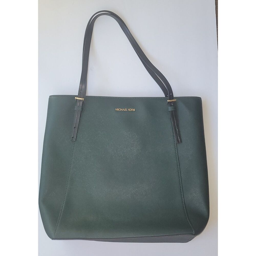 Michael Kors Green Saffiano Leather Tote Shoulder Bag Black Handles